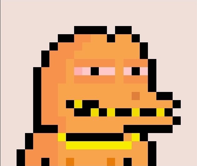 A pixel-art orange crocodile character with half-closed eyes and a toothy grin wearing a yellow bandana, visually representing the "rh crocks" referenced in the post—a playful nod to a crocodile-themed artwork possibly traded or shared in an online community.