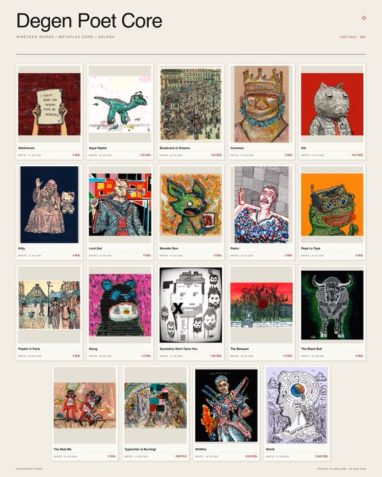 A webpage titled "Degen Poet Core" displays a gallery of 19 meme-style artworks for sale with prices, listing "NINETEEN MEMES · MEMEPLEX CORE · SOLANA."