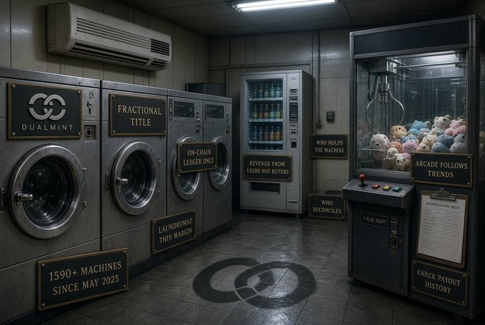 A laundromat interior features industrial washing machines branded with 'DUALMINT' and a claw machine filled with plush toys, labeled with phrases like 'FRACTIONAL TITLE' and 'ON-CHAIN LEDGER ONLY'.