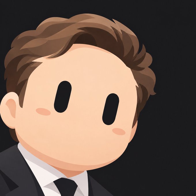 A cartoon avatar of a man with brown hair wearing a black suit, white shirt, and black tie.