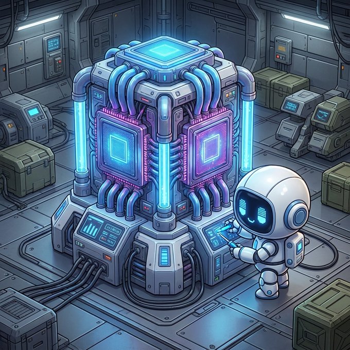 A digital illustration of a cute white robot with glowing blue eyes interacting with a large, futuristic machine featuring glowing cyan and pink panels and pipes, set in a metallic sci-fi room.