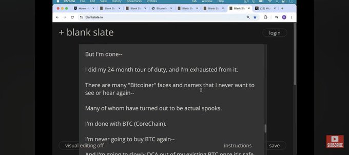Screenshot of a webpage on blankslate.io titled '+ blank slate' containing a text post where the author declares they are done with Bitcoin after a 24-month tour of duty, citing exhaustion and disappointment with the community.