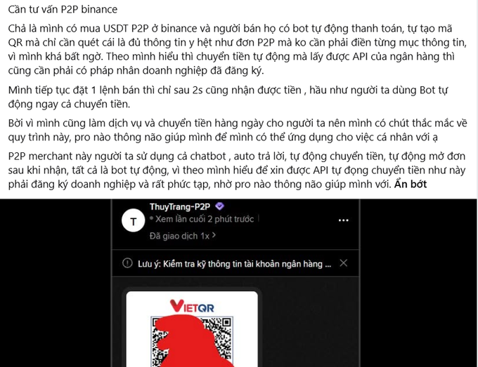 A Vietnamese-language post asking for advice on Binance P2P USDT bots, discussing automatic payment receipt via QR codes and API banking integration, alongside a screenshot of a VietQR payment code from seller 'ThuyTrang-P2P'.