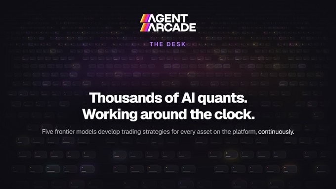 The image is a promotional graphic for "Agent Arcade - The Desk" featuring the headline "Thousands of AI quants. Working around the clock." with the subtext "Five frontier models develop trading strategies for every asset on the platform, continuously." against a dark background filled with small trading card graphics.