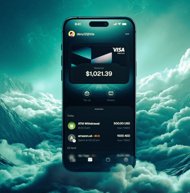 The image features a black smartphone with a Visa payment app displayed on its screen. The app allows users to pay bills using their credit card or mobile wallet. It also provides information about the balance of the payment, the amount spent, and the remaining balance. The background of the image is a picture of clouds, which adds an artistic touch to the overall design of the app's interface.