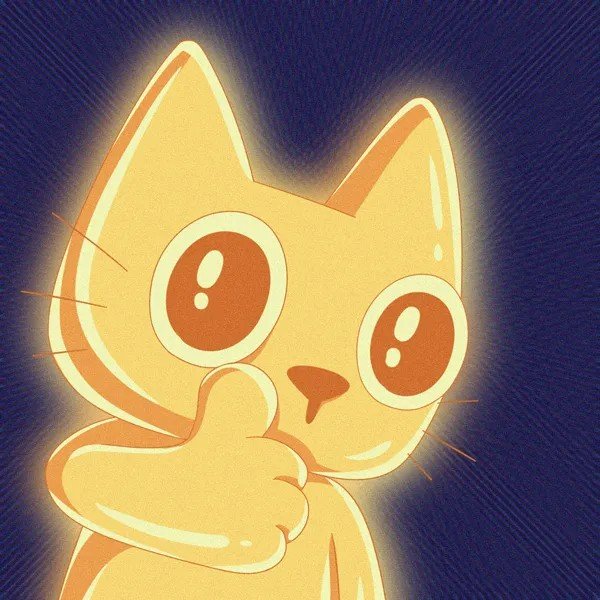 A cartoon illustration of an orange cat with large, shiny eyes giving a thumbs-up gesture against a dark blue background.