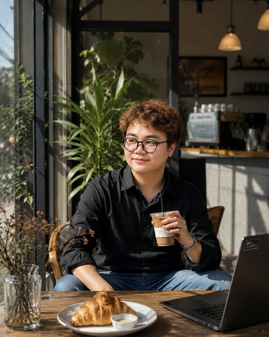 A young man with glasses sits at a cafe table holding an iced coffee, with a croissant on a plate and an open laptop in front of him.