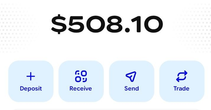 A financial app or wallet interface displays a balance of $508.10 with options to Deposit, Receive, Send, and Trade.