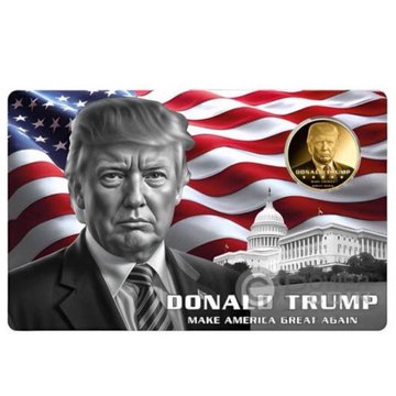A Donald Trump-themed collectible card or coin featuring his portrait, an American flag, the U.S. Capitol, and text reading "DONALD TRUMP MAKE AMERICA GREAT AGAIN".