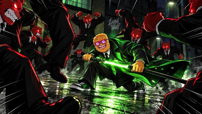 An anime-style illustration depicts a character with blonde hair wielding a glowing green sword while surrounded by men in suits wearing red demon masks, with 'Land Wolf' graffiti in the background.