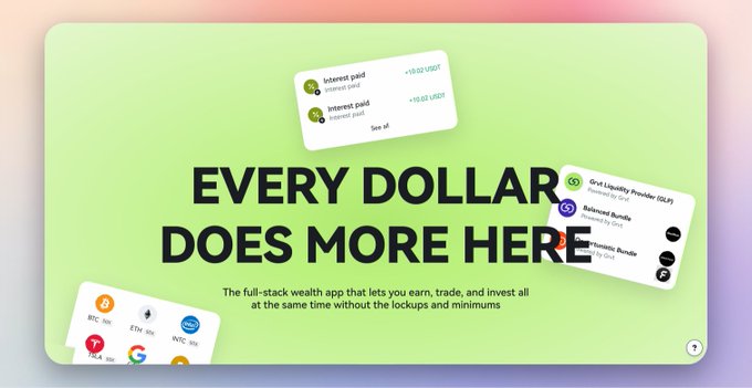 A lime-green and pastel-gradient promotional graphic reading “EVERY DOLLAR DOES MORE HERE,” with smaller text describing a full-stack wealth app and floating finance cards.