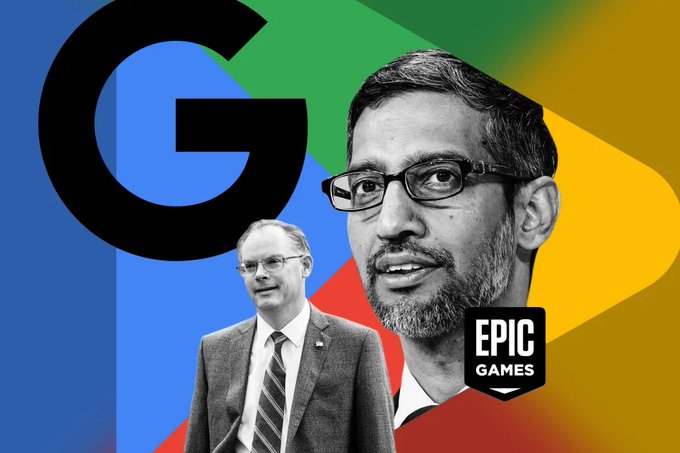 An illustration shows two men in front of Google and Epic Games logos, depicting a tech industry dispute.