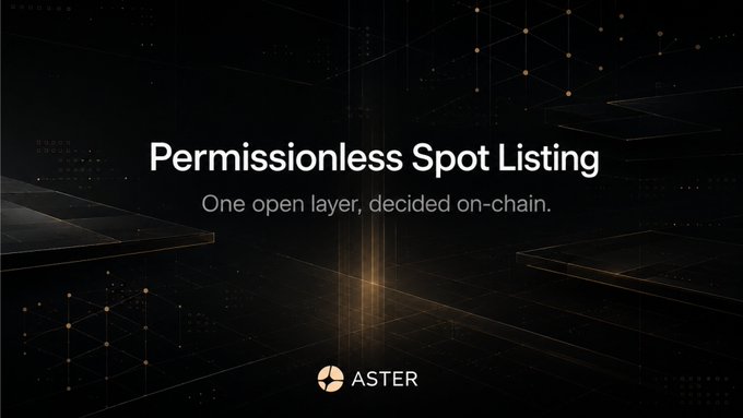 The image shows a poster for a platform called Aster Spotting. The poster features a black background with white text that reads "Permissionless Spot Listing" followed by an explanation of the concept, stating that one open layer, decided on-chain, is used in the listing process. The poster also mentions that any token on Binance Spot or Alpha can apply to list on Aster Spot and that the listing goes to a vote where staked $ASTER is considered as the deciding factor for the validator's decision.