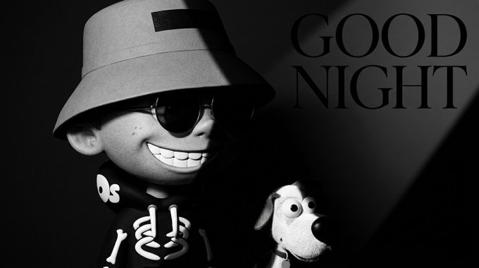 The image features a cartoon boy wearing sunglasses, a hat, and holding a stuffed animal dog. The text "good night" is written above him, indicating that it's nighttime or bedtime. There are also some words related to a checkerboard game in the bottom right corner of the image.