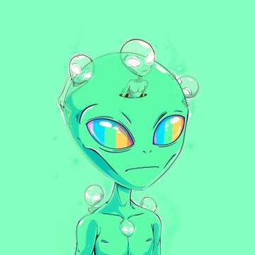 A digital drawing of a translucent green alien-like creature with large, iridescent rainbow eyes and bubble-like protrusions on its head and body, set against a matching light green background.