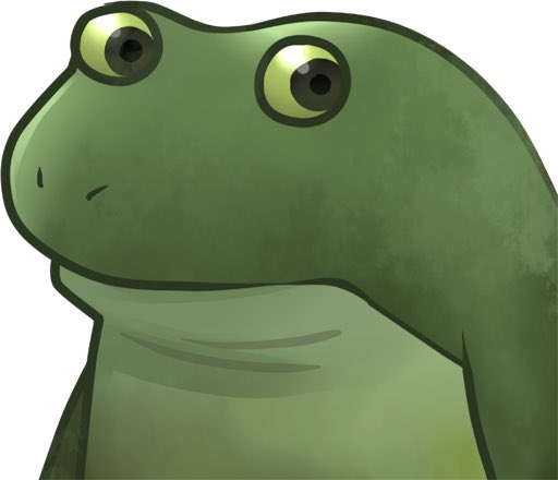 An illustration of a green cartoon frog with large yellow eyes looking upward.