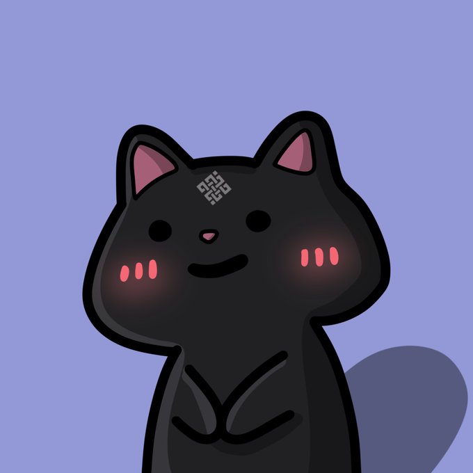 A cute cartoon illustration of a black cat with pink inner ears, blushing pink cheeks, and a QR code on its forehead, set against a solid light purple background.