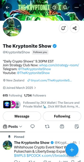 Twitter/X profile for 'The Kryptonite Show' (@KryptoniteShow) with 615 following and 1,734 followers, promoting a Whitehouse Crypto Event and Whop strategy club.