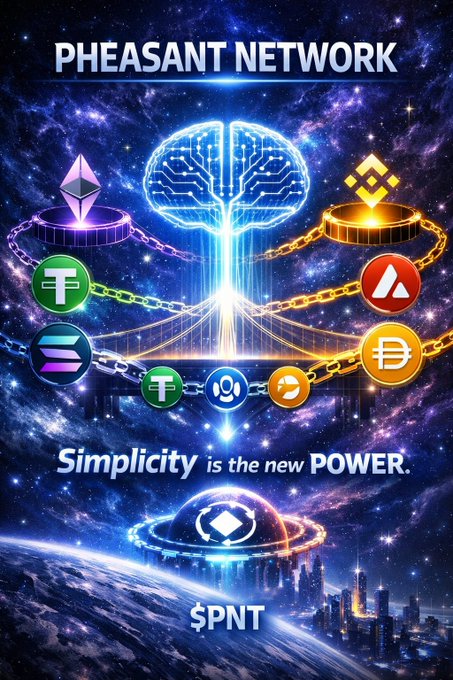 The image features a poster for Pheasant Network, which promotes simplicity and AI-driven chain actions. The poster depicts a complex network of chains with various symbols representing different cryptocurrencies such as Bitcoin, Etherium, Ripple, and Litecoin. These symbols are interconnected by chains that represent transactions between users. The poster emphasizes the idea that simplicity is key to achieving true power in the world of cryptocurrency.