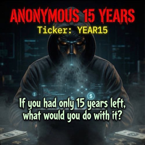 A hooded figure in a Guy Fawkes-style mask sits surrounded by digital displays, stacks of cash, and coins, with bold text reading "ANONYMOUS 15 YEARS," the ticker "Ticker: YEAR15," and the thought-provoking prompt "If you had only 15 years left, what would you do with it?" The image reinforces the post's message about $YEAR15 being a timely opportunity rooted in conviction rather than hype, urging viewers not to miss their "second chance."