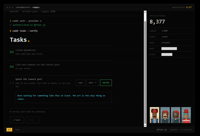 A terminal-style interface showing a tasks screen for an application with supply 8,377 on the orchard pool, including tasks like 'follow @zaddrnet' and 'Like and comment on the latest post'.