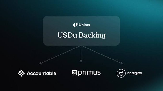A diagram on a teal background showing "USDu Backing" by "Unitas," branching into three partners: "Accountable," "primus," and "ht.digital."