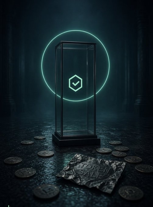 A glowing hexagonal logo inside an empty glass display case, surrounded by scattered coins and a crumpled paper reading "TOKEN SALE," visually reinforces the post's warning that no live token exists and that supposed token offerings for Agentics Credit are scams.

Wait, I need to check for any visible text I may have missed. Let me look carefully... I can see "TOKEN SALE" written on the crumpled paper in the foreground, but no other legible text, numbers, or tickers are visible in the image.