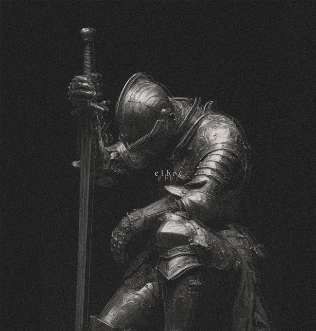 A dark monochrome digital artwork shows a knight in full armor with his head bowed, leaning on a large sword, with the watermark 'elfie andr' visible.