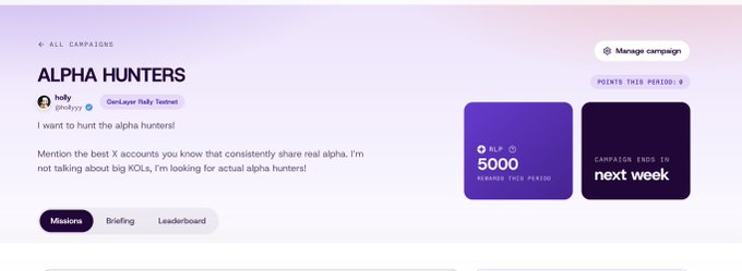 A Rally campaign dashboard titled "ALPHA HUNTERS" created by user @hollyyy displays a starting XLP balance of 5000 points, with the campaign ending next week. The image aligns with the post's message by showcasing how top KOLs like @hollyyy are launching custom campaigns on Rally to gain visibility and attention through the platform's gamified system.