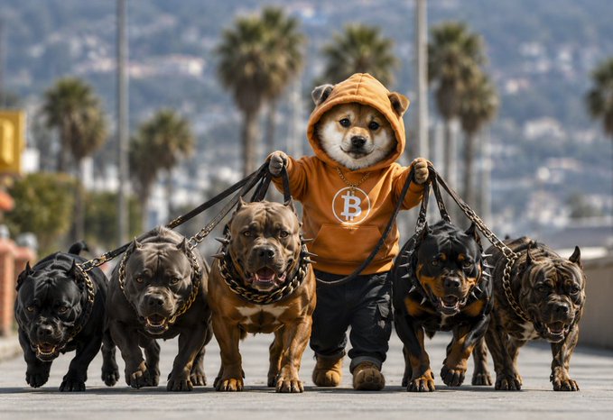 The image features a man dressed as a dog wearing an orange hoodie and carrying five dogs on leashes down a street. The background includes palm trees, indicating that they are likely in a warm climate or near a beach. The caption of the image reads "The market is crashing. X is melting down. Meanwhile, I'm walking around town with the kids, grabbing snacks, enjoying the afternoon, and holding $DOG". This suggests that the man dressed as a dog might be participating in an event or activity related to dogs, such as a pet-themed party or a fundraiser for animal shelters. The presence of palm trees also implies that they are likely in a coastal area or near a beach.