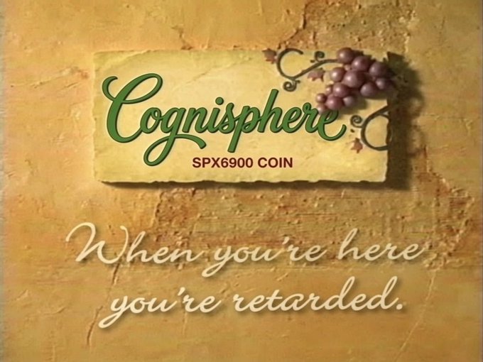 A rustic sign graphic for 'Cognisphere SPX6900 COIN' decorated with grape vines, set against a textured tan background with the tagline 'When you're here you're retarded.'