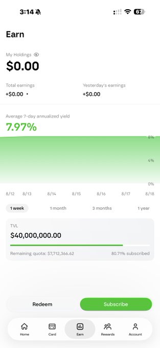 A mobile app screenshot for an "Earn" financial product showing My Holdings of $0.00, an Average 7-day annualized yield of 7.97%, and a subscribed TVL of ¥40,000,000.00 (80.71% subscribed) with Redeem and Subscribe buttons.