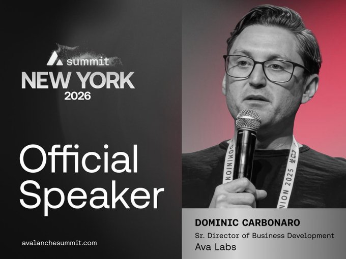 Promotional graphic for 'Summit New York 2026' featuring speaker Dominic Carbonaro, Sr. Director of Business Development at Ava Labs, labeled as an 'Official Speaker' (avalanchesummit.com).