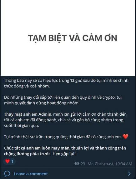 A Vietnamese Telegram message titled 'TẠM BIỆT VÀ CẢM ƠN' (Goodbye and Thank You), announcing the closure of a crypto-related group, thanking admins and members, and wishing them success, sent by 'Mr. Chrismast' at 10:34 AM with 29 views and 1 reaction.