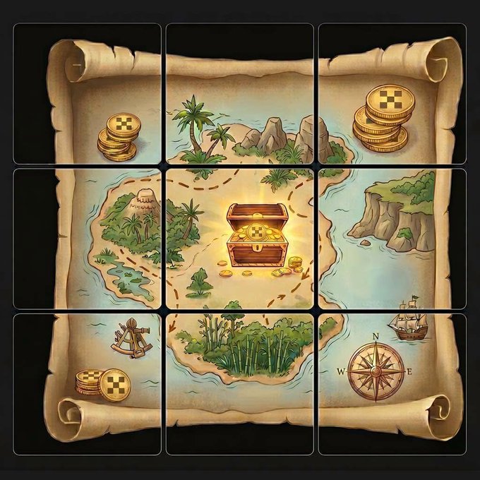 A pirate-themed treasure map displayed in a 3x3 grid slot machine format, showing gold coins, an open treasure chest, islands with palm trees, a ship, a compass, and a windmill.