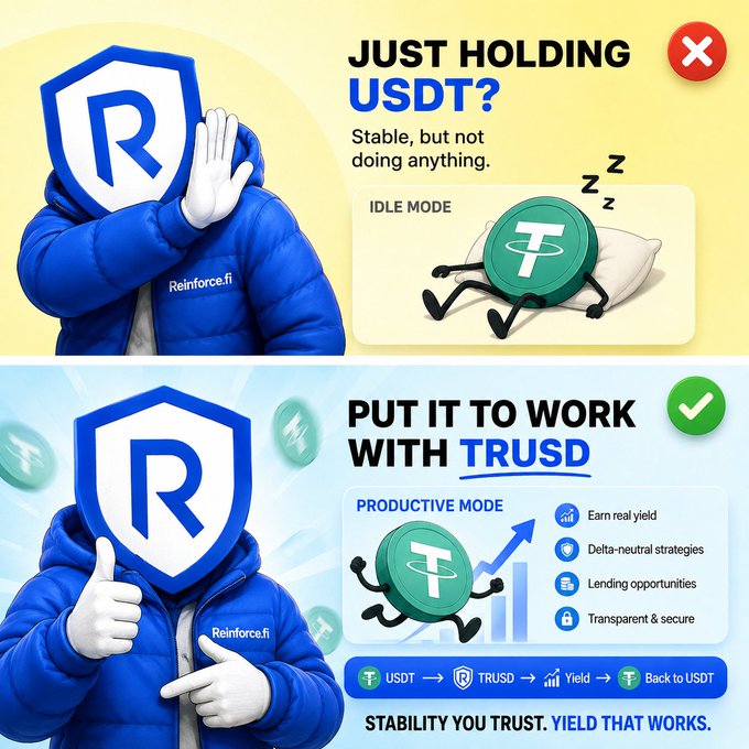 Two-panel crypto infographic by Reinforce.fi comparing 'JUST HOLDING USDT?' (idle mode) with 'PUT IT TO WORK WITH TRUSD' (productive mode), highlighting features like real yield and delta-neutral strategies.