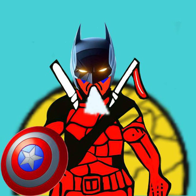 A digital illustration combining superhero characters, featuring Batman's masked head and glowing eyes merged with Deadpool's red and black body, holding two knives in his mouth and Captain America's shield.