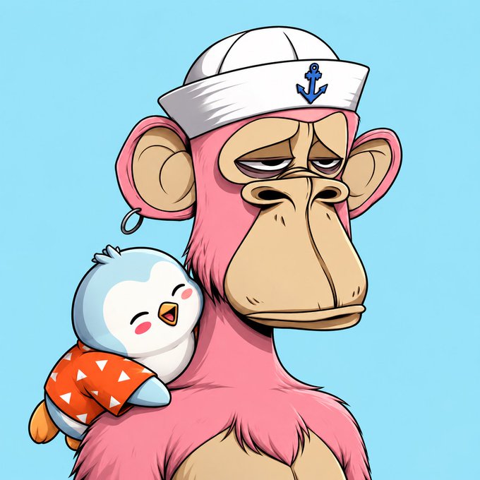 A cartoon illustration depicts a pink monkey wearing a white sailor hat with an anchor emblem, holding a small blue penguin character dressed in an orange patterned shirt.