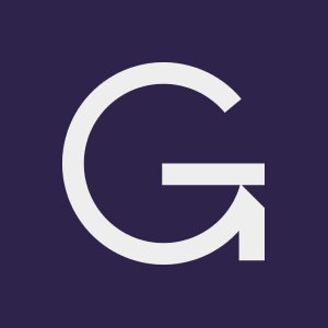 A minimalist dark blue background featuring a white stylized 'G' logo with an arrow design.