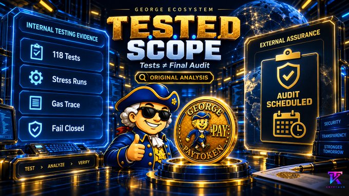 A promotional graphic for 'GEORGE ECOSYSTEM TESTED SCOPE' features a pirate mascot, a 'GEORGE PAYTOKEN' gold coin, and a dashboard listing '118 Tests', 'Stress Runs', 'Gas Trace', and 'Fail Closed'.