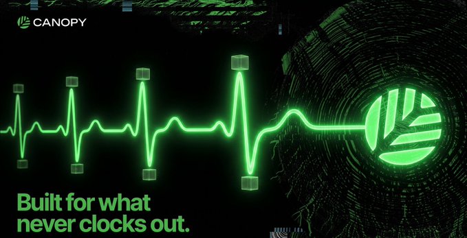 A Canopy promotional graphic with a green heartbeat-style waveform, the Canopy logo, and the text 'Built for what never clocks out.'