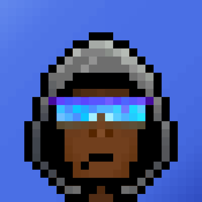 A pixel art portrait of a dark-skinned character with a beard, wearing a grey and white beanie and large blue-tinted sunglasses with purple frames, set against a solid blue background.