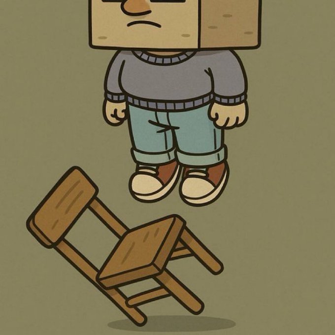 The image shows a cartoon figure wearing a paper bag over his head while looking down at a fallen wooden chair, symbolizing frustration or disappointment. This relates to the post about $Cupsey reaching a new all-time high of $7M market cap, likely humorously depicting an investor's disbelief or shock at missing out on the milestone.
