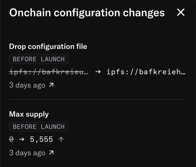 A screenshot showing onchain configuration changes for an NFT project, indicating a "Drop configuration file" update and a "Max supply" increase from 0 to 5,555, both marked "BEFORE LAUNCH" and occurring 3 days ago. The post highlights these pre-launch config changes as the root cause of an NFT project allowing additional mints beyond the guaranteed (GTD) phase, enabling overallocation.