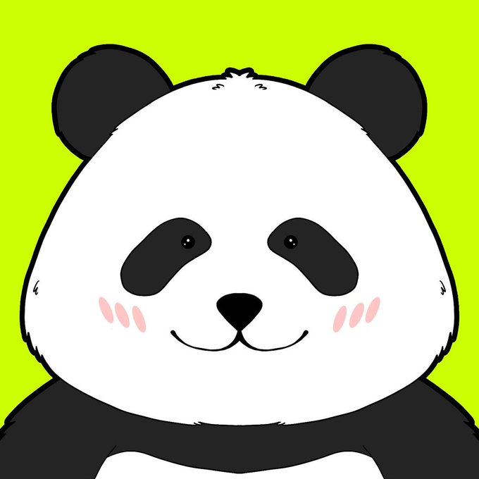 A cartoon illustration of a smiling panda with pink blush marks on its cheeks against a green background.