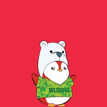The image features a cute penguin character wearing a green camo hoodie with the word "HUDDLE" displayed on it, set against a bright red background. The cartoon mascot aligns perfectly with the post's warm welcome message, playfully hinting at a collection-themed NFT where this penguin is joining a community that includes a polar bear companion waiting to greet it.