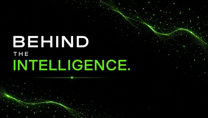 A graphic with the text 'BEHIND THE INTELLIGENCE.' displayed in white and green letters against a black background with abstract green particle waves.