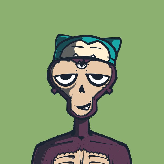 An illustration of a character with a gaunt face, teal cat-ear headband, and one eye on the forehead against a green background.