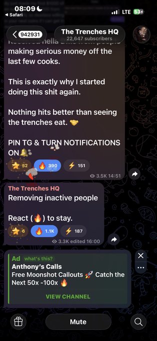 A mobile screenshot of a Telegram channel called 'The Trenches HQ' (942931, 22,647 subscribers) displaying posts about making money and notifications, along with an ad for 'Anthony's Calls' regarding Moonshot Callouts.