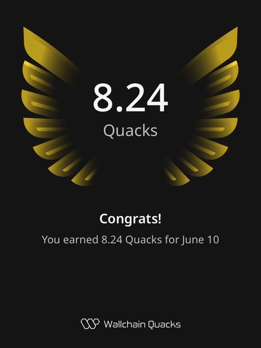 The image features a poster with an illustration of a bird's wing design, which has gold accents and the number "8.24" written below it. The text above the bird's wing reads "Congratulations! You earned 8.24 Quacks for June 10". This suggests that the poster is related to a gaming achievement or milestone in the context of Quack racing games.